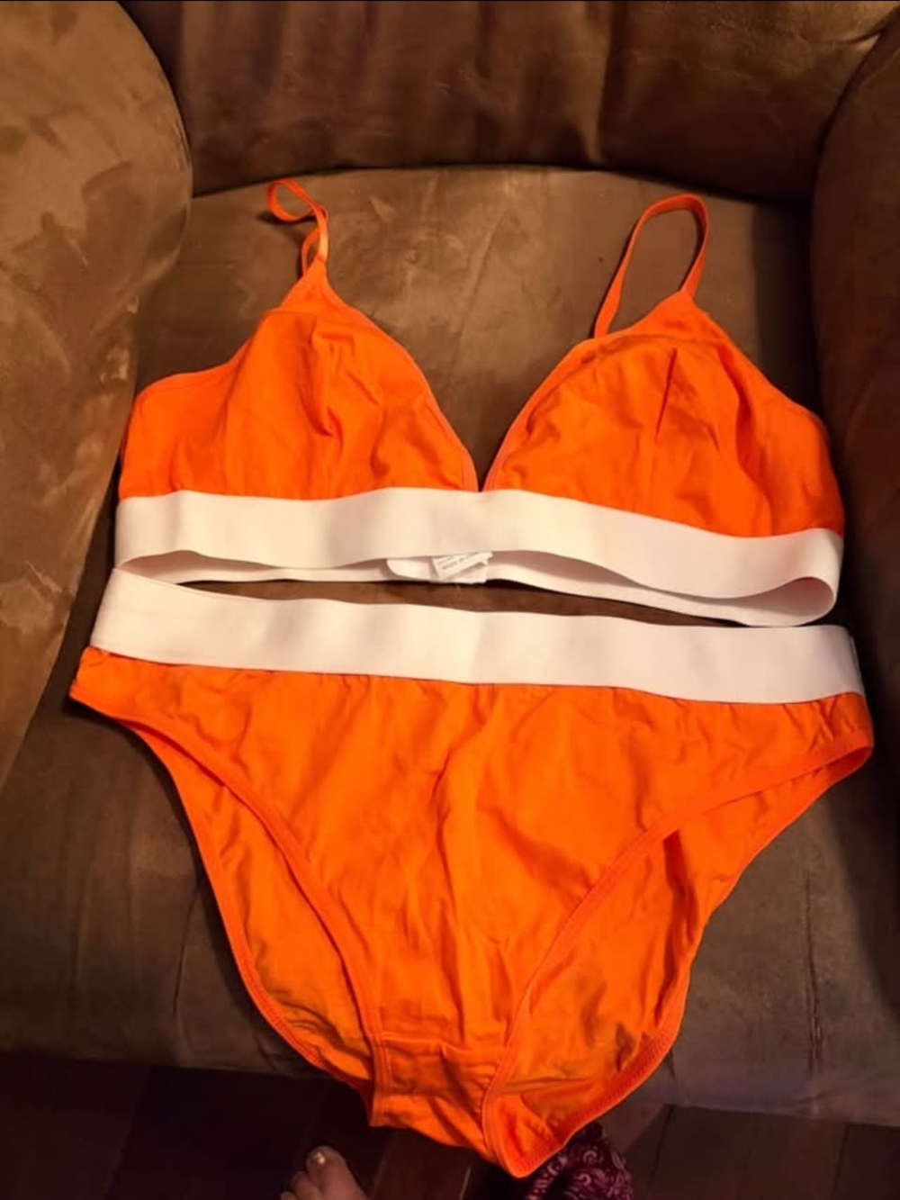 NWOT Bright Orange Two-Piece Bikini Set Bed Set with White Bands